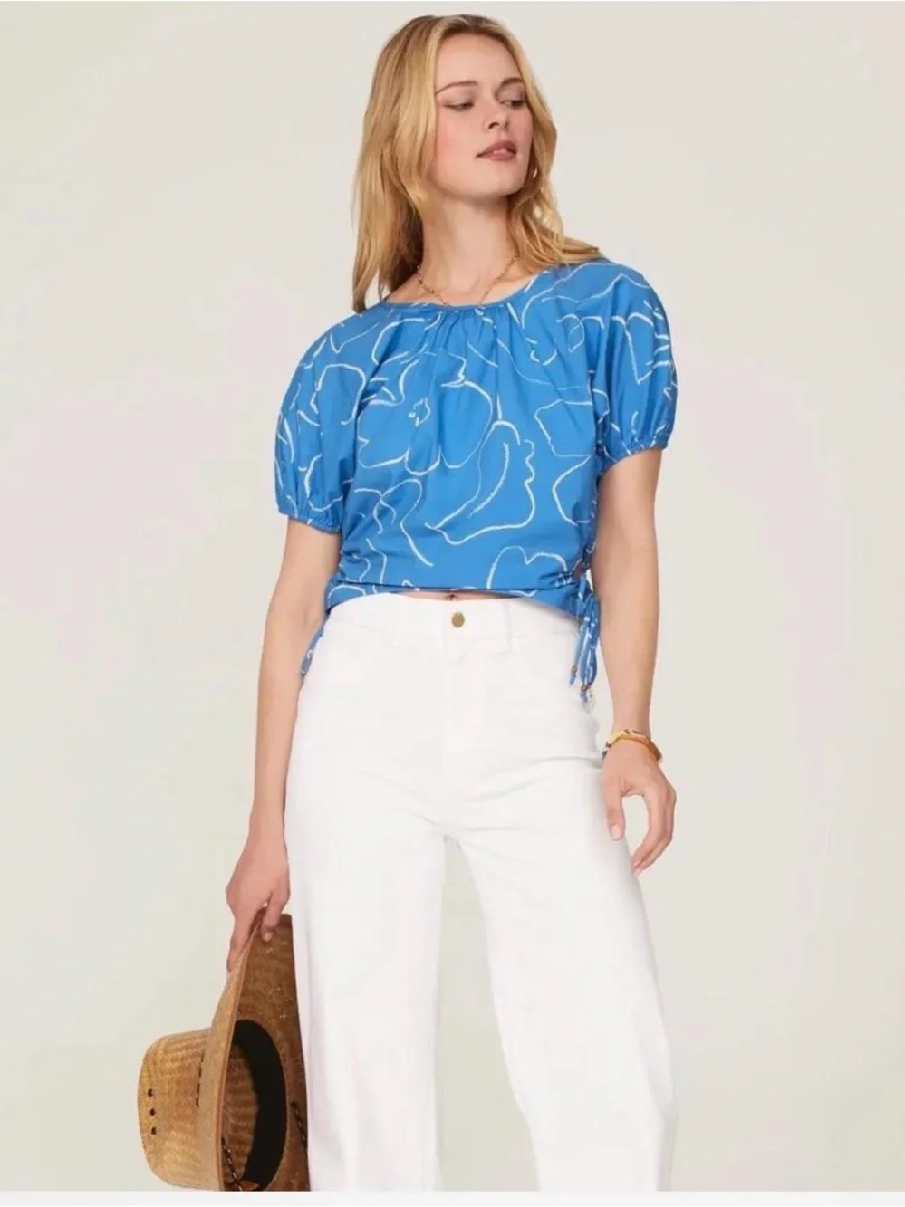 Madewell Blue Floral Drawstring Puff Sleeve Crop Top